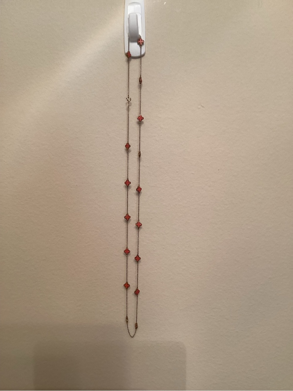 Delicate Gold Long Station Necklace with Coral Clover Accents